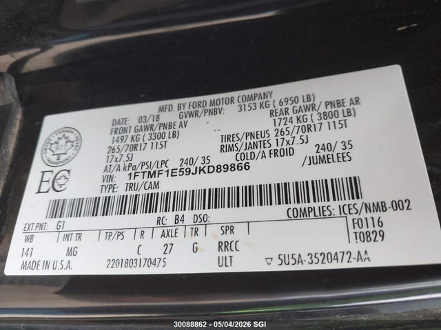 2018 Ford F150 მანქანა იყიდება აუქციონზე, vin: 1FTMF1E59JKD89866, აუქციონის ნომერი: 30088862