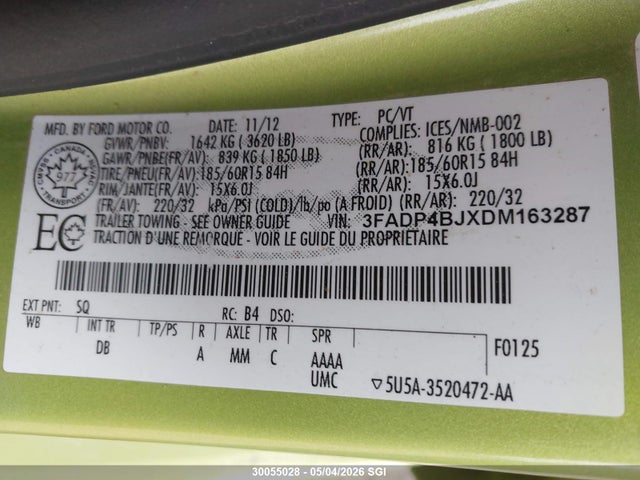 2013 Ford Fiesta Se მანქანა იყიდება აუქციონზე, vin: 3FADP4BJXDM163287, აუქციონის ნომერი: 30055028
