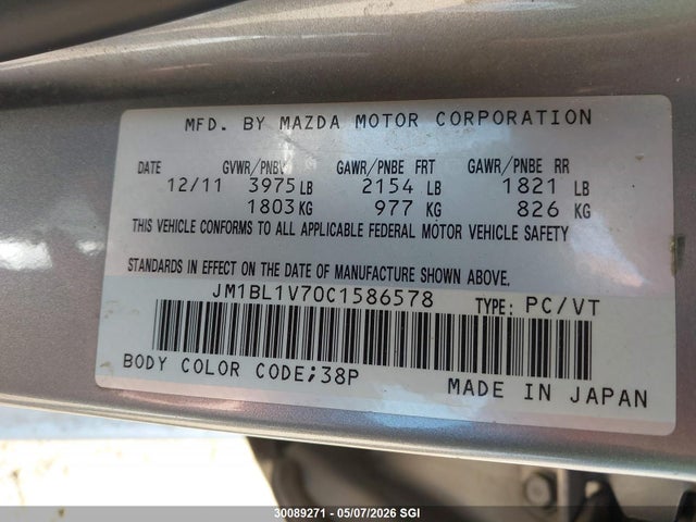 30089271 :رقم المزاد ، JM1BL1V70C1586578 vin ، 2012 Mazda 3 I مزاد بيع
