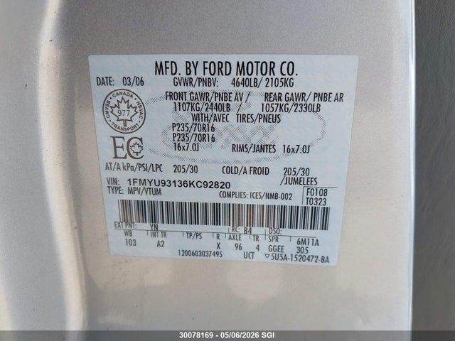 Продажа на аукционе авто 2006 Ford Escape Xlt, vin: 1FMYU93136KC92820, номер лота: 30078169