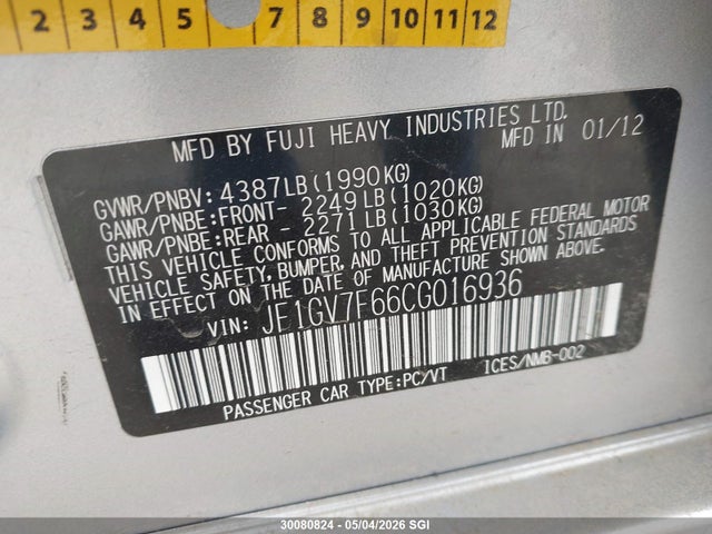 Aukcja sprzedaży 2012 Subaru Wrx Limited, vin: JF1GV7F66CG016936, numer aukcji: 30080824