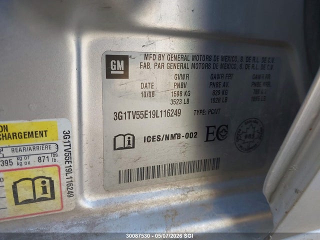 2009 Chevrolet Aveo Ls მანქანა იყიდება აუქციონზე, vin: 3G1TV55E19L116249, აუქციონის ნომერი: 30087530