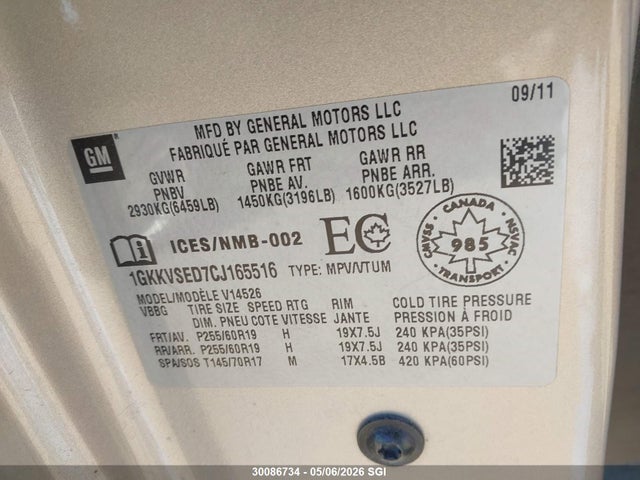 Продаж на аукціоні авто 2012 Gmc Acadia Slt-2, vin: 1GKKVSED7CJ165516, номер лоту: 30086734