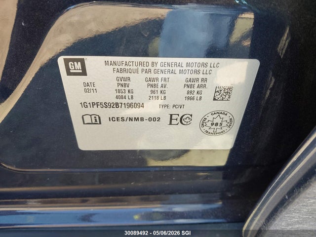 Aukcja sprzedaży 2011 Chevrolet Cruze Lt Turbo, vin: 1G1PF5S92B7196094, numer aukcji: 30089492