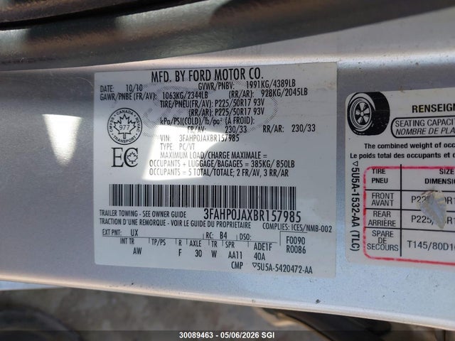 Aukcja sprzedaży 2011 Ford Fusion Sel, vin: 3FAHP0JAXBR157985, numer aukcji: 30089463