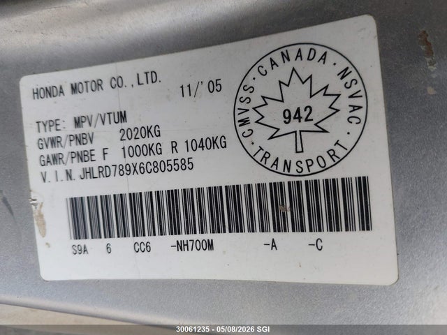 Продаж на аукціоні авто 2006 Honda Cr-v Se/ex, vin: JHLRD789X6C805585, номер лоту: 30061235