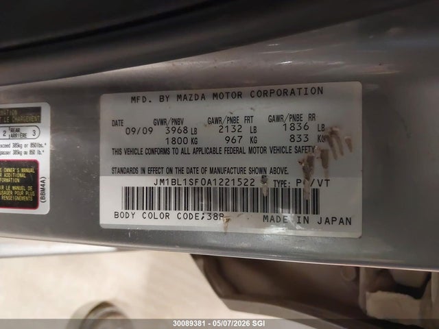 30089381 :رقم المزاد ، JM1BL1SF0A1221522 vin ، 2010 Mazda 3 I مزاد بيع
