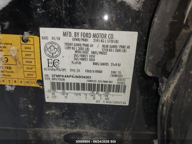 Aukcja sprzedaży 2018 Ford Edge Sport, vin: 2FMPK4AP4JBB54203, numer aukcji: 30088904