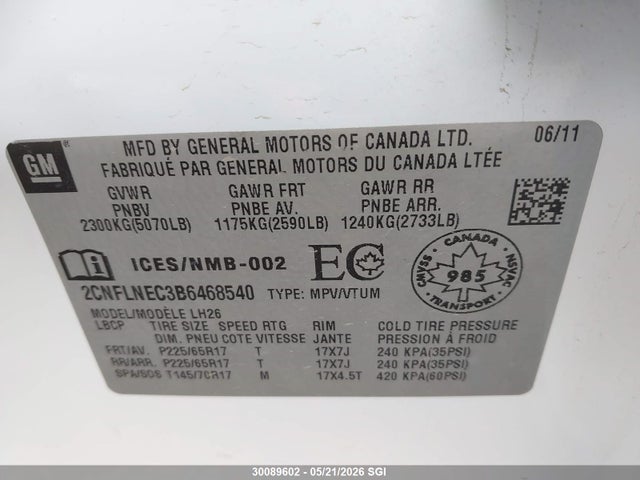Aukcja sprzedaży 2011 Chevrolet Equinox Lt, vin: 2CNFLNEC3B6468540, numer aukcji: 30089602