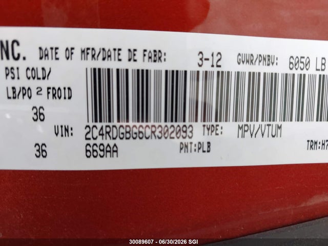 2012 Dodge Grand Caravan Se მანქანა იყიდება აუქციონზე, vin: 2C4RDGBG6CR302093, აუქციონის ნომერი: 30089607