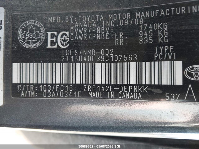 Продажа на аукционе авто 2009 Toyota Corolla S/le/xle, vin: 2T1BU40E39C107563, номер лота: 30089632