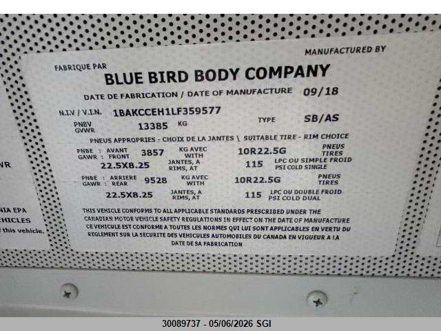 Blue Bird School Bus / Transit Bus 2020 1BAKCCEH1LF359577 Image 10