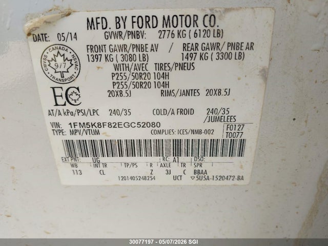 Ford Explorer Limited 2014 1FM5K8F82EGC52080 Image 9