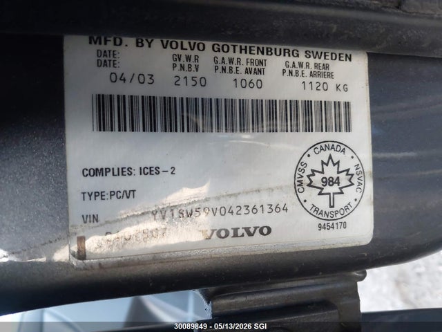 30089849 :رقم المزاد ، YV1SW59V042361364 vin ، 2004 Volvo V70 Fwd مزاد بيع