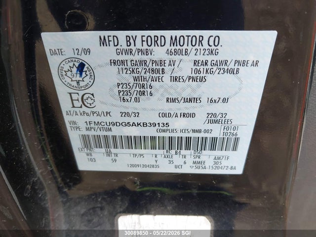 Продажа на аукционе авто 2010 Ford Escape Xlt, vin: 1FMCU9DG5AKB39135, номер лота: 30089850