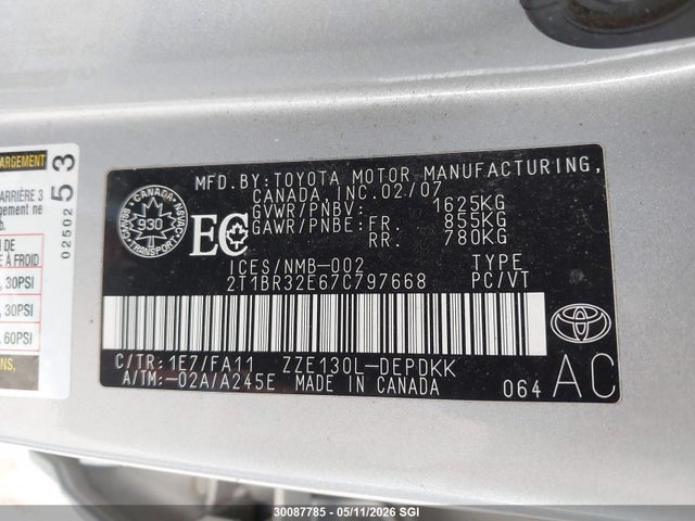 30087785 :رقم المزاد ، 2T1BR32E67C797668 vin ، 2007 Toyota Corolla Ce/le/s مزاد بيع