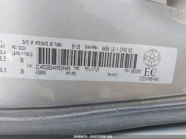 Aukcja sprzedaży 2019 Dodge Grand Caravan Se, vin: 2C4RDGBG4KR524405, numer aukcji: 30089870