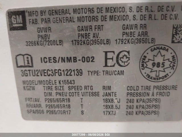 3GTU2VEC3FG122139 GMC Sierra K1500 Slt