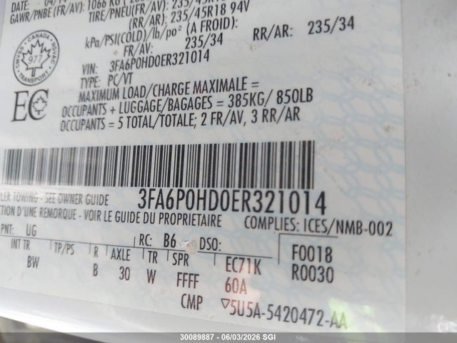30089887 :رقم المزاد ، 3FA6P0HD0ER321014 vin ، 2014 Ford Fusion Se مزاد بيع
