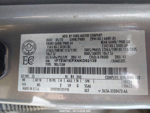 Продаж на аукціоні авто 2022 Ford F150 Supercrew, vin: 1FTEW1EPXNKD92139, номер лоту: 30087543