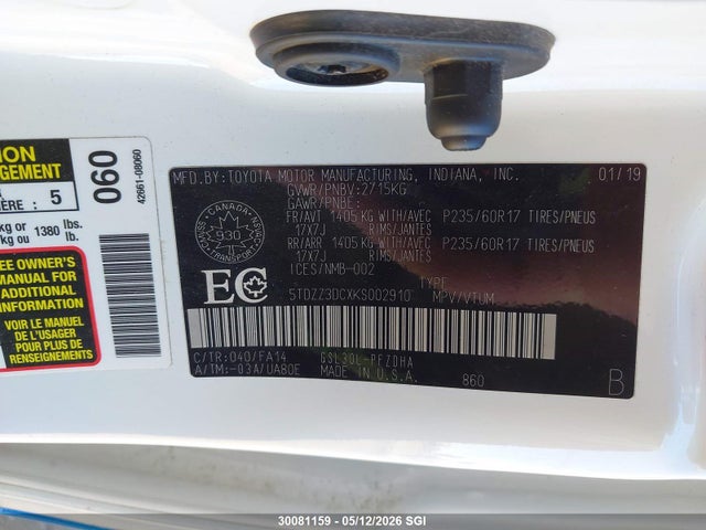 5TDZZ3DCXKS002910 Toyota Sienna