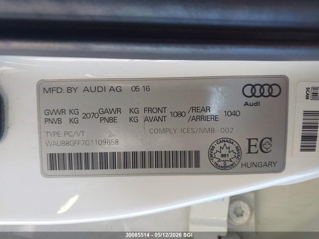 Продажа на аукционе авто 2016 Audi A3 Premium, vin: WAUB8GFF7G1109658, номер лота: 30085514