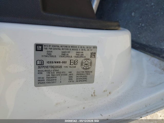 30088542 :رقم المزاد ، 3GTP2VE77DG326326 vin ، 2013 Gmc Sierra K1500 Sle مزاد بيع