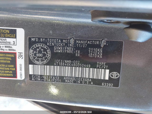 30089399 :رقم المزاد ، 4T1BB46K48U050449 vin ، 2008 Toyota Camry Hybrid مزاد بيع