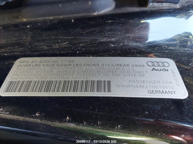 30088117 :رقم المزاد ، WAUPN44E27N010472 vin ، 2007 Audi S8 Quattro مزاد بيع