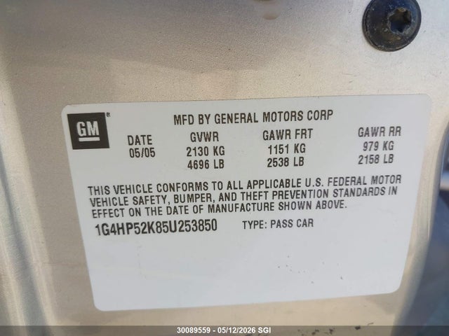 2005 Buick Lesabre Custom მანქანა იყიდება აუქციონზე, vin: 1G4HP52K85U253850, აუქციონის ნომერი: 30089559