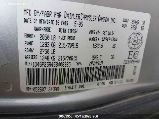 Aukcja sprzedaży 2005 Dodge Caravan Se, vin: 1D4GP25R45B406925, numer aukcji: 30089955
