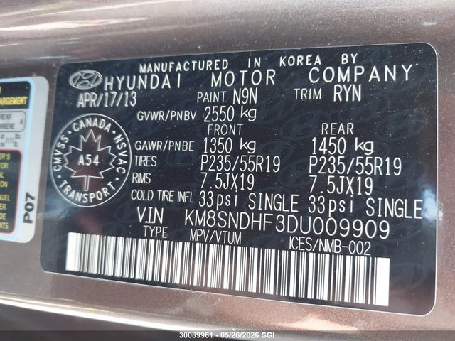 30089961 :رقم المزاد ، KM8SNDHF3DU009909 vin ، 2013 Hyundai Santa Fe Gls مزاد بيع