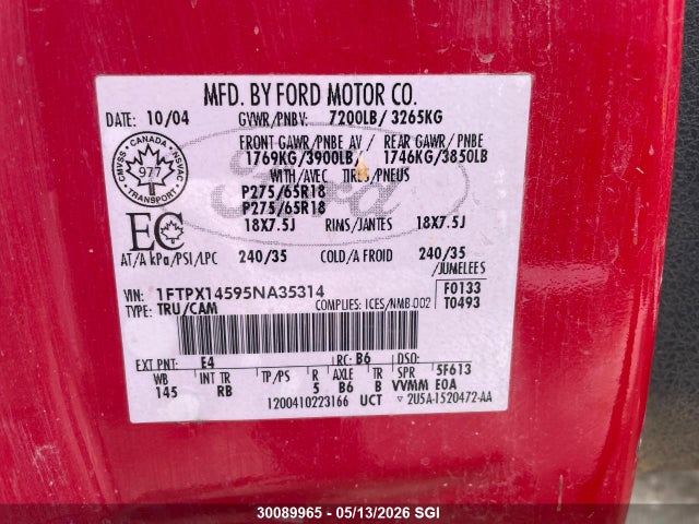 Продаж на аукціоні авто 2005 Ford F150, vin: 1FTPX14595NA35314, номер лоту: 30089965