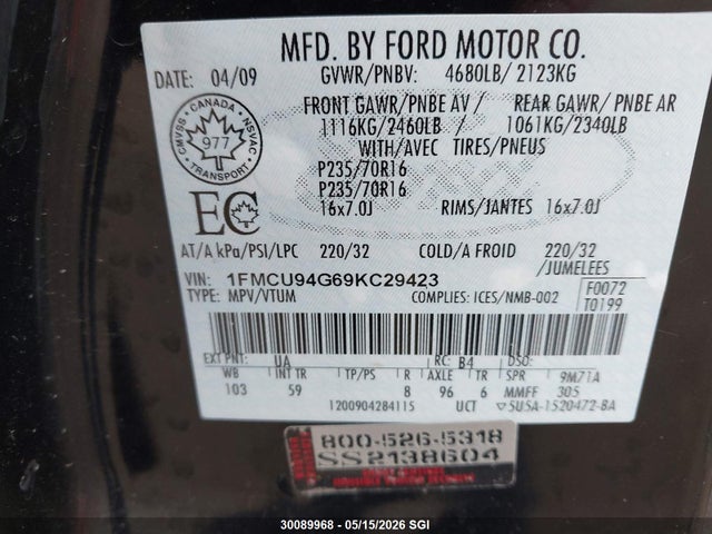 Aukcja sprzedaży 2009 Ford Escape Limited, vin: 1FMCU94G69KC29423, numer aukcji: 30089968