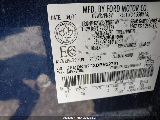 Продажа на аукционе авто 2011 Ford Edge Limited, vin: 2FMDK4KCXBBB22761, номер лота: 30089977