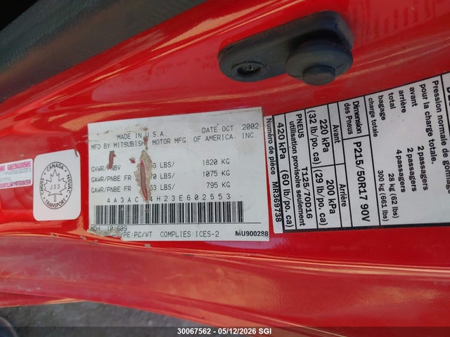 30067562 :رقم المزاد ، 4A3AC74H23E602553 vin ، 2003 Mitsubishi Eclipse Gts مزاد بيع