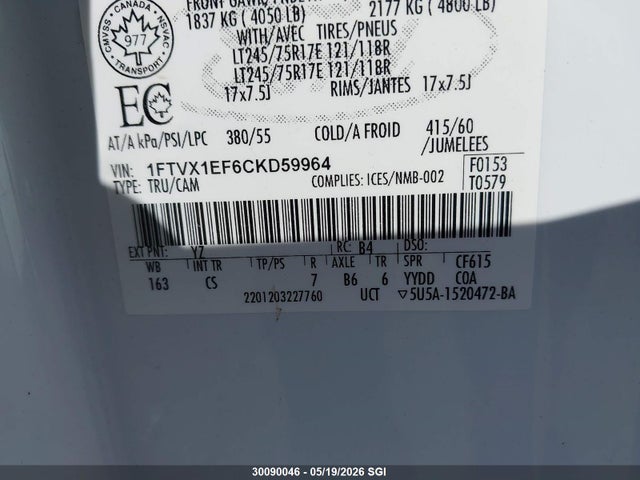 30090046 :رقم المزاد ، 1FTVX1EF6CKD59964 vin ، 2012 Ford F150 Super Cab مزاد بيع