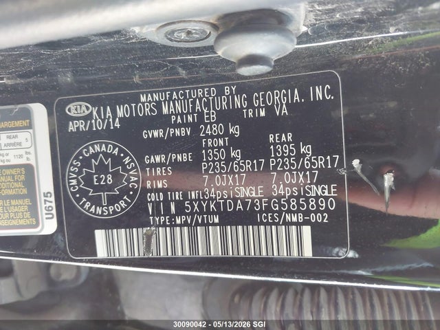 5XYKTDA73FG585890 KIA SORENTO LX