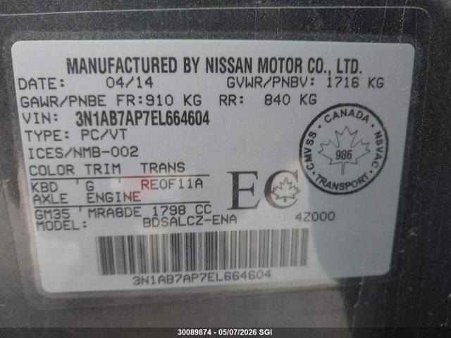 Продаж на аукціоні авто 2014 Nissan Sentra S/sv/sr/sl, vin: 3N1AB7AP7EL664604, номер лоту: 30089874