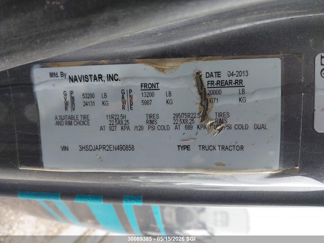 30089385 :رقم المزاد ، 3HSDJAPR2EN490858 vin ، 2014 International Prostar مزاد بيع