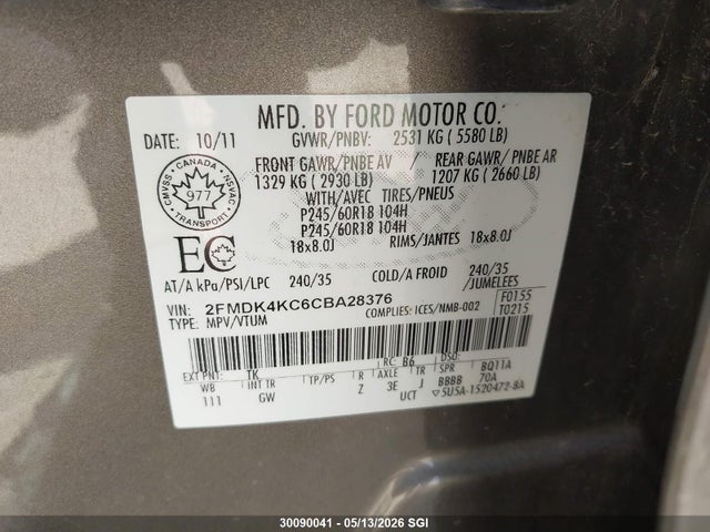 Продажа на аукционе авто 2012 Ford Edge Limited, vin: 2FMDK4KC6CBA28376, номер лота: 30090041