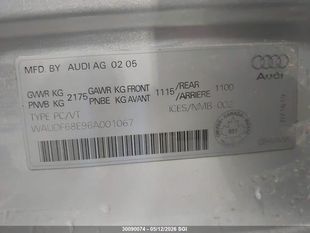 30090074 :رقم المزاد ، WAUDF68E96A001067 vin ، 2006 Audi A4 2.0t Quattro مزاد بيع