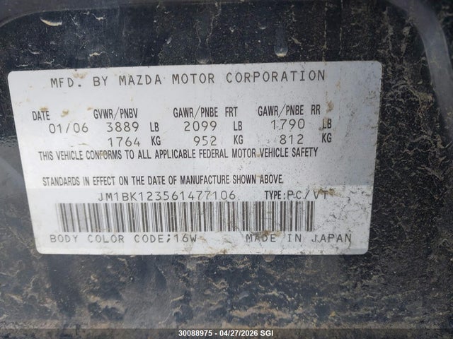 Aukcja sprzedaży 2006 Mazda 3 S, vin: JM1BK123561477106, numer aukcji: 30088975