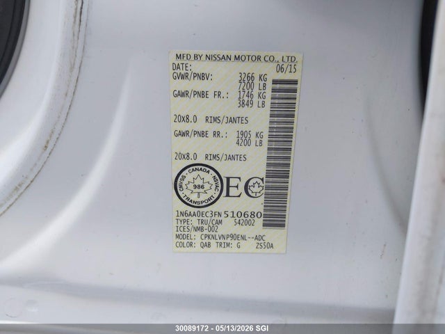 30089172 :رقم المزاد ، 1N6AA0EC3FN510680 vin ، 2015 Nissan Titan S/sv/sl/pro-4x مزاد بيع