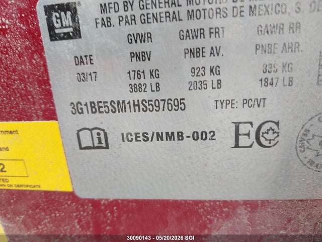 Продаж на аукціоні авто 2017 Chevrolet Cruze Lt, vin: 3G1BE5SM1HS597695, номер лоту: 30090143