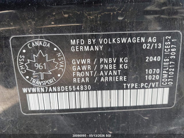 30090095 :رقم المزاد ، WVWRN7AN8DE554830 vin ، 2013 Volkswagen Cc Luxury مزاد بيع