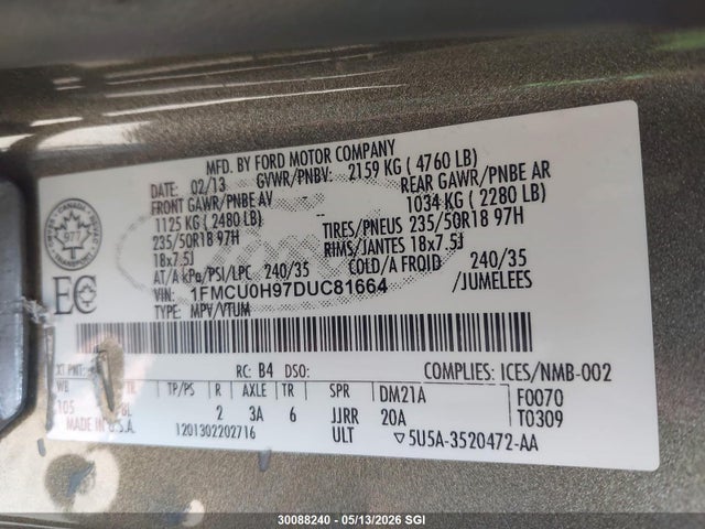 Продажа на аукционе авто 2013 Ford Escape Sel, vin: 1FMCU0H97DUC81664, номер лота: 30088240