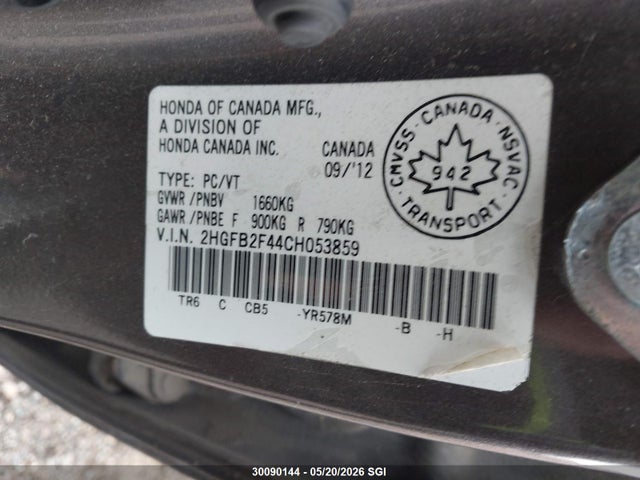 Продаж на аукціоні авто 2012 Honda Civic Lx, vin: 2HGFB2F44CH053859, номер лоту: 30090144