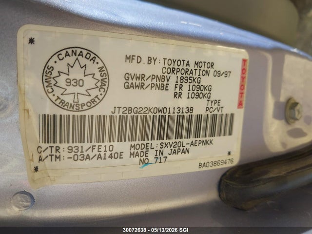 30072638 :رقم المزاد ، JT2BG22K0W0113138 vin ، 1998 Toyota Camry Ce/le/xle مزاد بيع