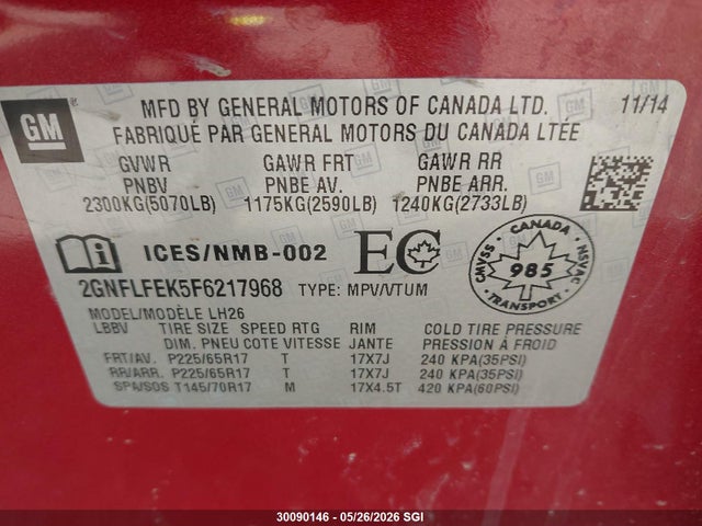 2015 Chevrolet Equinox Lt მანქანა იყიდება აუქციონზე, vin: 2GNFLFEK5F6217968, აუქციონის ნომერი: 30090146